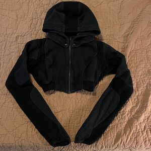 womens Black Cropped Buddhaful FreqG Hoodie with Love molecule on back.